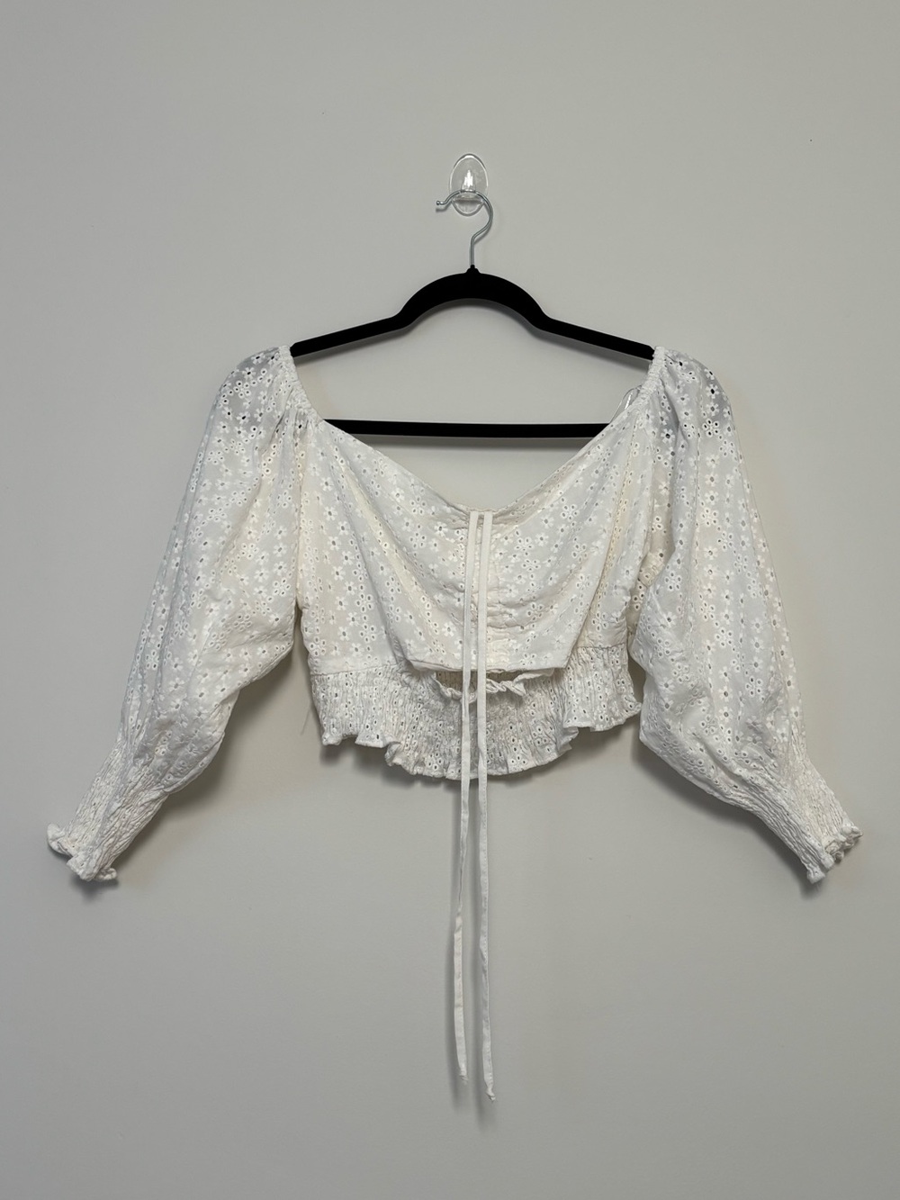 Zara White Eyelet Smocked Ruched Crop Top Boho Cottagecore Size M